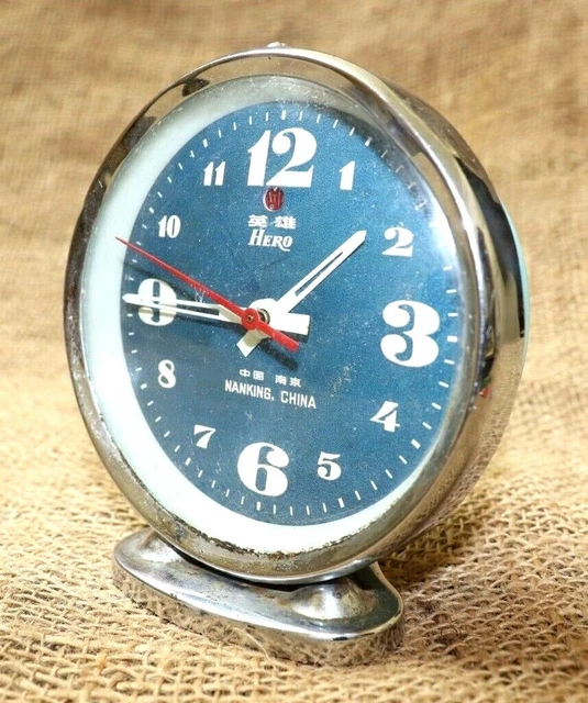 VINTAGE HERO ALARM Clock Made China Mechanical Wind Up Blue Dial Alarm