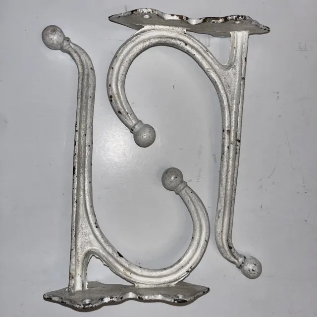 Pair Vintage Cast Iron Cost Hooks White 9.25” Long 5.5 Tall Wall Mount Weathered
