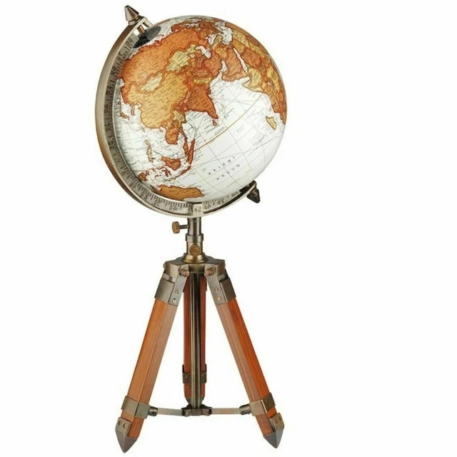 Antique World Map Globe White Ocean Earth Rotating Globe W/ Wooden Tripod stand