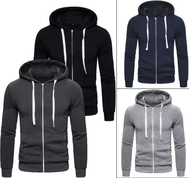 Mens Zipper Hoodie American Plain Fleece Zip Up Jacket Sweatshirt Hooded Top