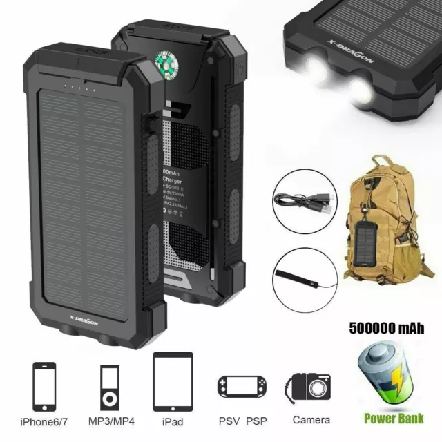 500000mAh Portable Solar Charger Power Bank Waterproof Dual USB External Battery