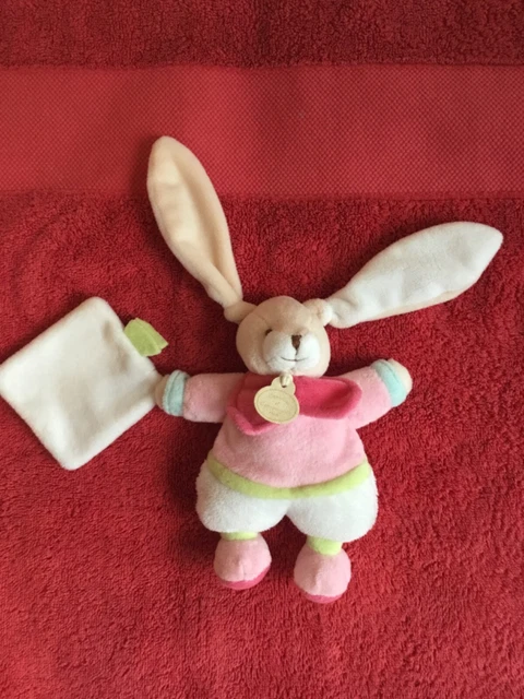 Doudou Et Compagnie Lapin Mouchoir Blanc Rose Vert Bleu  - Etat Neuf