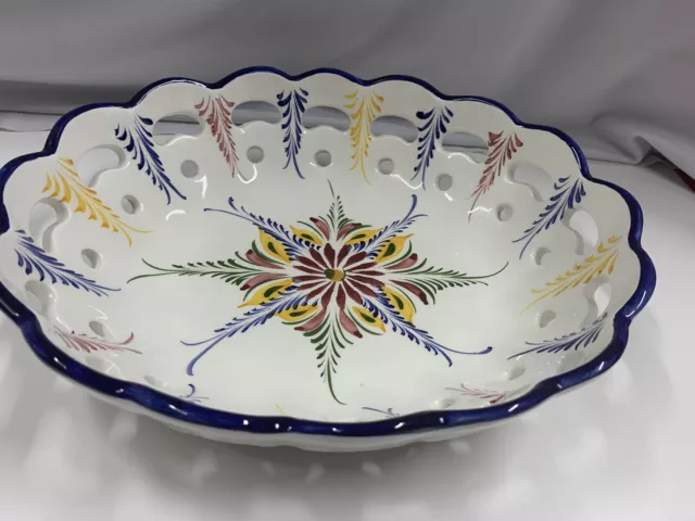 PORTUGUESE POTTERY Cut Out Hand Painted Oval Bowl Flowers Beautiful Signed