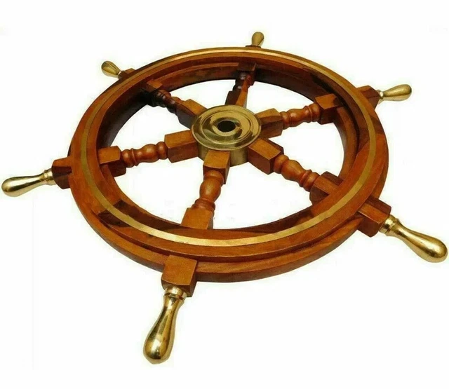 24" Nautical Brass Wooden Captains Ship Wheel Steering With Brass Handle