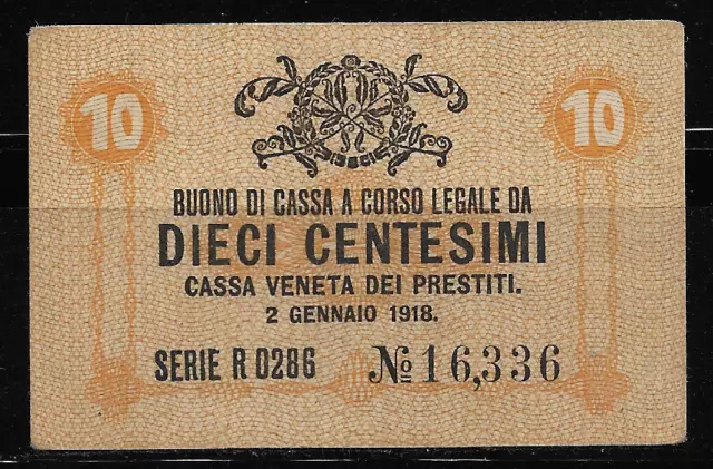 Italia.  Escaso Billete De 10 Centesimas. 1918. Cassa Veneta Dei Prestiti