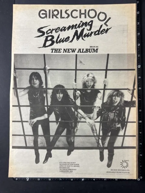 GIRLSCHOOL - SCREAMING BLUE MURDER 15X11" 1982 Vintage Poster Size Advert L294