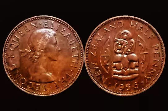 1956 New Zealand Half Penny Coin BONUS OFFERS Queen Elizabeth II Hei-Tiki Maori 2