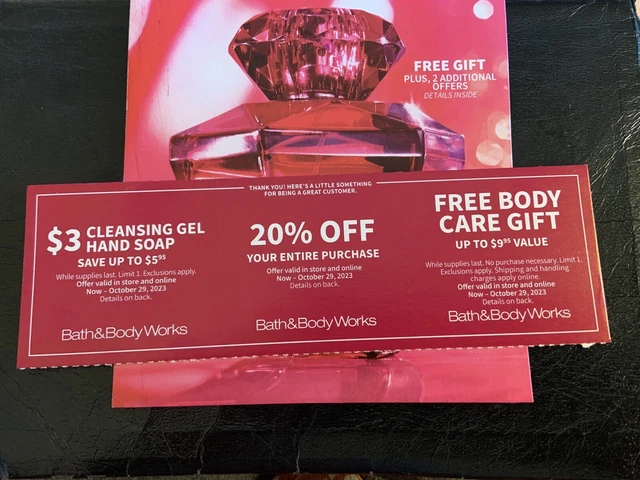 3 Bath & Bodyworks coupons ~ 20% OFF + $9 Body gift + $3 Hand soap ~ Oct 29