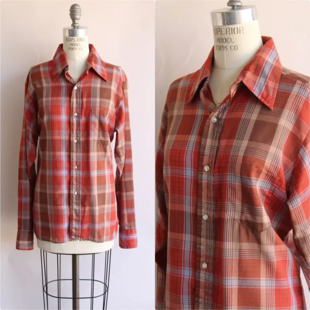 Vintage 1970s Shirt, Viking Dagger Collar Orange Plaid Tartan Button Down Blouse