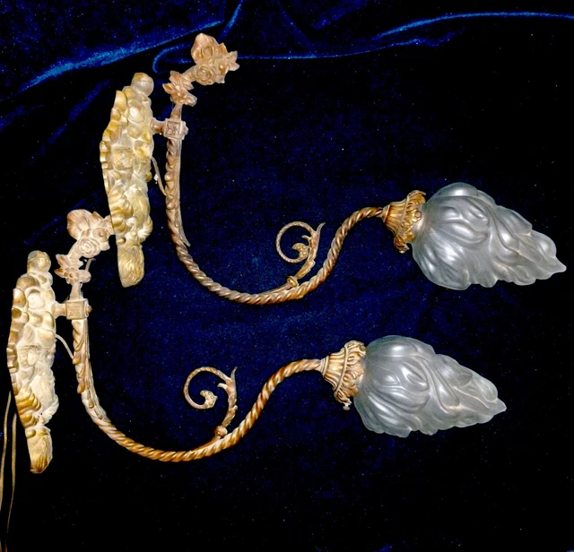 Pair of Rare Antique French Bronze/ Brass Floral Sconces with satin flame shades