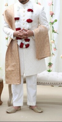 Men's wedding Sherwani con Scialle-crema e oro Sherwani 