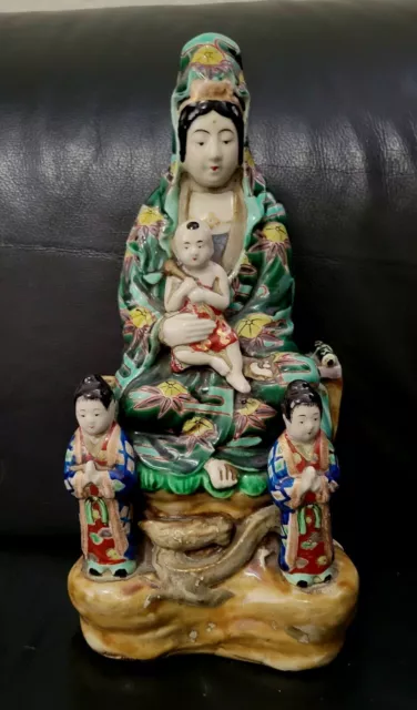 Antique Chinese Kwan Yin Children Statue Famille Verte Large 12" Immortal Rare!