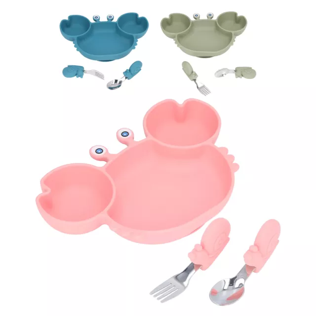 3pcs Baby Kids Suction Plate Silicone Spoon Fork Plate Feeding Tableware Supply