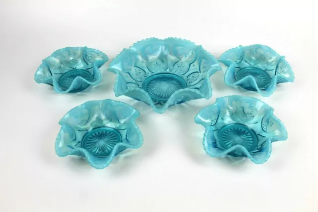 💥 EAPG DUGAN Blue Opalescent VICTOR / JEWELED HEART 4 Berry Bowl & 1 Master Set
