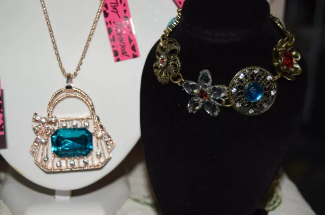 3 Pc Betsey Johnson Blue Crystal Handbag Blue Mismatch Earrings & Multi Bracelet 3