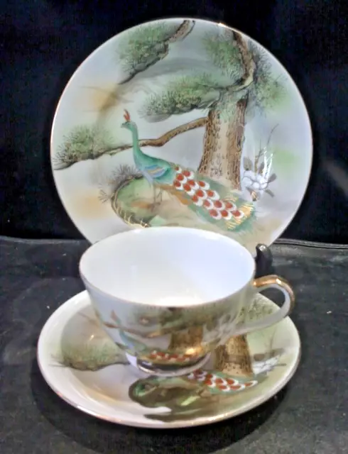 Stunning Rare Vintage Peacock Kutani Lithophane Geisha Cup Saucer Tea plate Trio