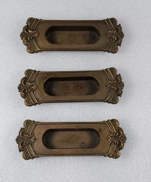 3 Vtg Window Sash Lift Cup Type Pull Pocket Door Ornate Ribbon Salvaged