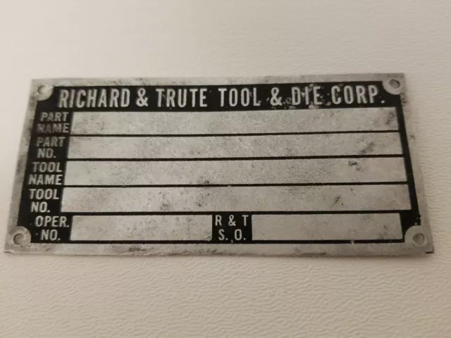 Vintage Richard & Trute Tool & Die Corporation Un-stamped Identification Tag