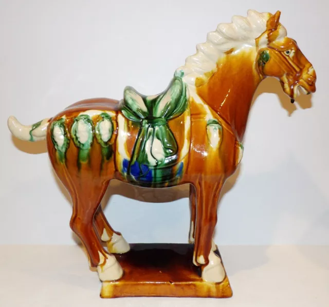 Vintage Chinese Tang Dynasty Style Sancai Glaze 14" Porcelain Horse Figurine