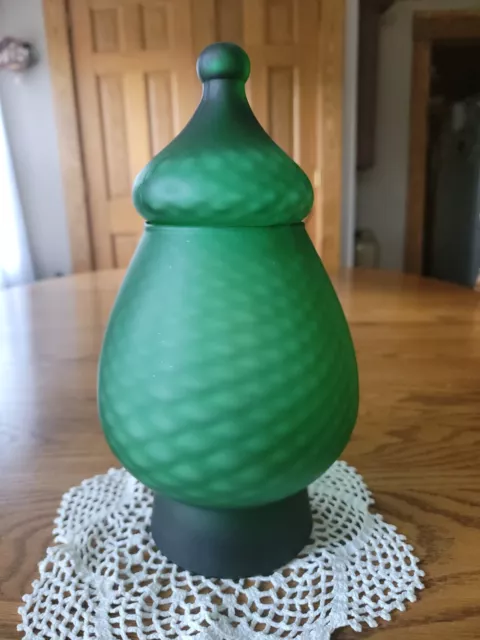 Vintage MCM Italian Italy Satin Green Glass Emopli Quilted Lidded Apothecary Jar