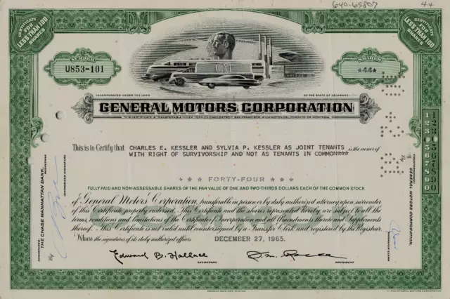 1965 General Motors Corporation Green Certificate For 44 Shares Common Stock