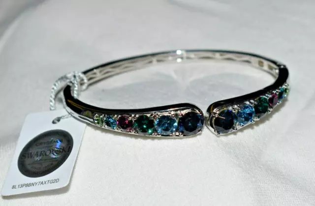 Nice Silver-Tone Karis Swarovski Multi-Color Crystal Hinged Cuff Bangle Bracelet