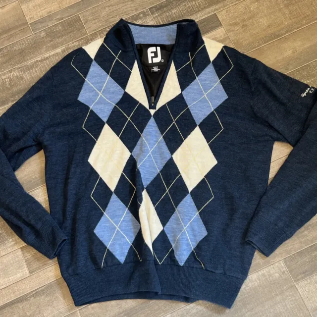 FootJoy Men's Golf Jacket Wool Pullover Blue Diamond Argyle Poly Lined SZ L READ