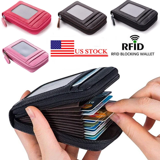 Leather Men Wallet Credit Card Holder RFID Blocking Zipper Pocket Thin