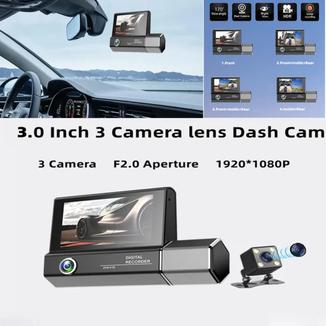 1080P Car Dash Cam Front/Rear/Inside 3Lens Video Recorder Camera 170° Wide angle