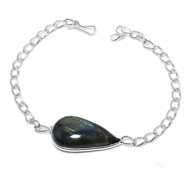 Labradorite Pierre Précieuse Main 925 Argent Sterling Bracelet 17.8-20.3cm I602