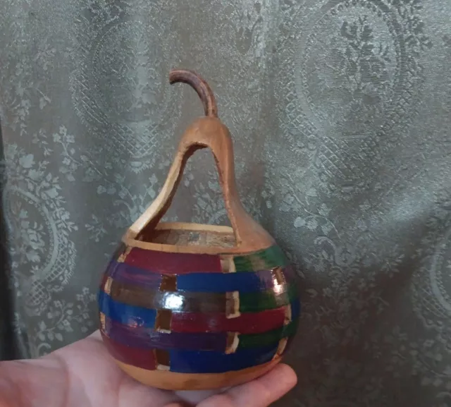 Folk Art Miniature Gourd Carved Basket Carving Handmade Handpainted Decor Cute