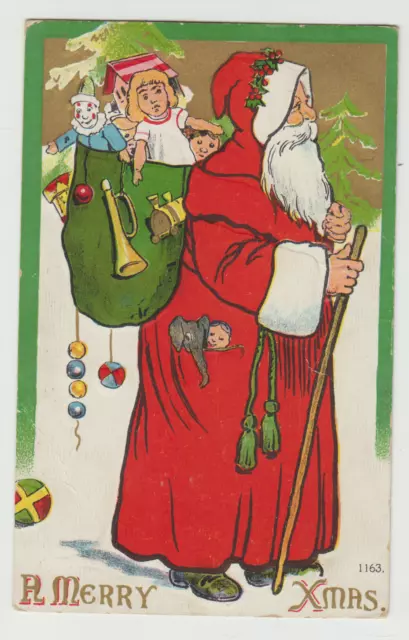 Santa  Claus With Toys, Merry Christmas, Pre-Linen  Postcard, Embossed