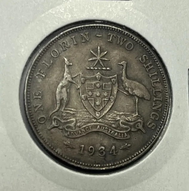 1934 Florin Coin - Very Fine VF - Silver Predecimal Australian George V