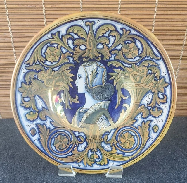 Antique Gualdo Tadino Lustre Charger Women Maiden Robbia Art Pottery 13-1/2in