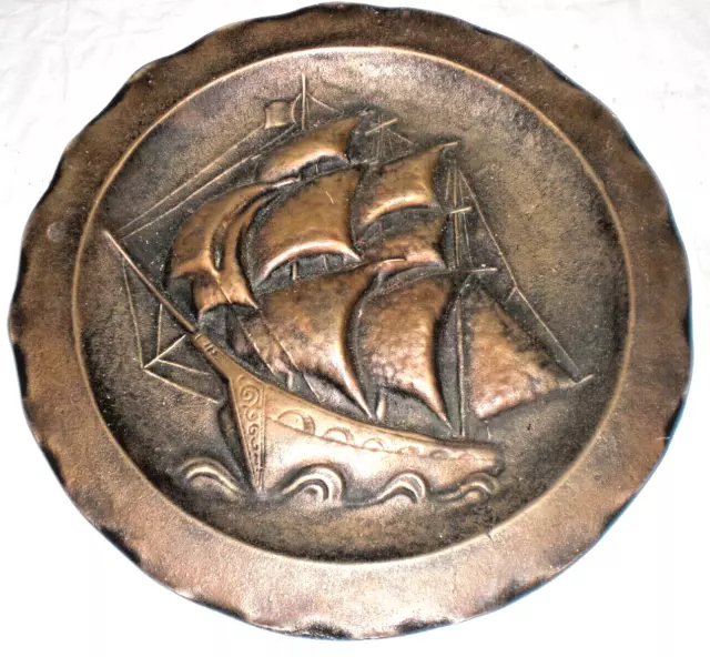 Wandteller Messing Massiv Schwer Relief Schiff Kogge Segelschiff vintage Guß Ø37