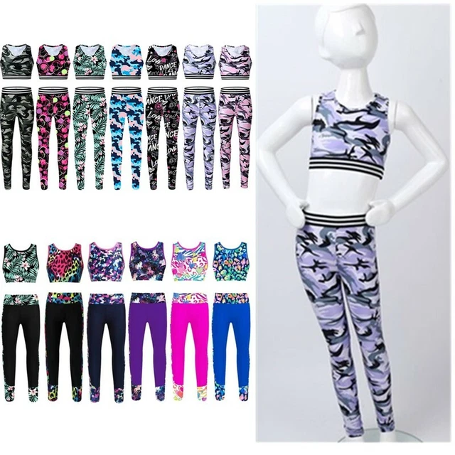 Kids Girls Gymnastics Tracksuits Bra Crop Tops+Leggings Sets Training Workout