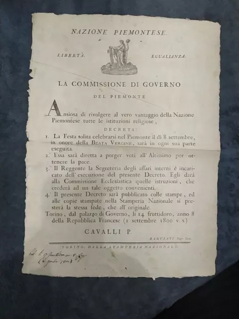 NAZIONE PIEMONTESE Decreto Celebrazione Religiosa Festa BEATA VERGINE anno 1800 NAZIONE PIEMONTESE Decreto Celebrazione Religiosa Festa BEATA VERGINE anno 1800