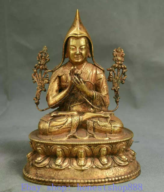 8" Old Tibet Purple Bronze 24K Gold Gilt Je Tsongkhapa Master Buddha Robe Statue