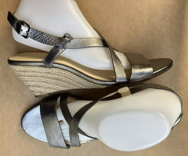 COLE HAAN Size 10 AA Espadrille Wedge Sandals Silver Metallic Leather ...