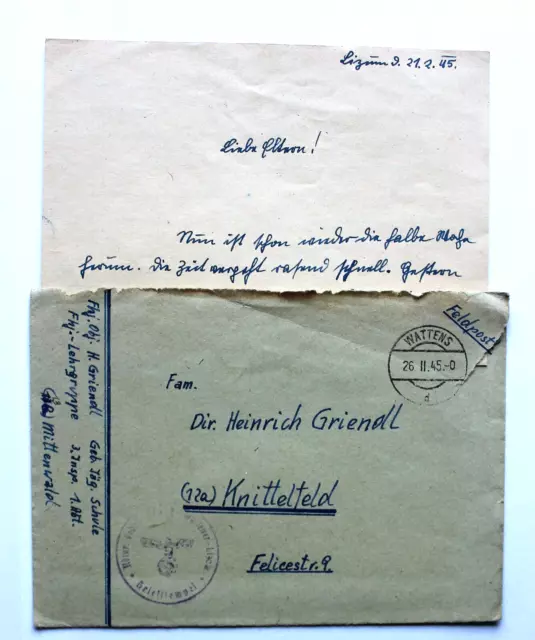 Feldpostbrief 2/1945 m. Inh. Gebirgsjäger Schule Mittenwald, Stpl. Wattens