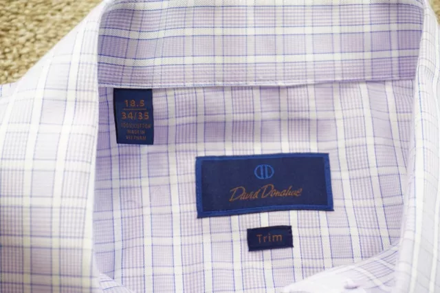 David Donahue Trim Fit Dress Shirt Mens 18.5 34/35 Purple Dobby Plaid Button Up 3