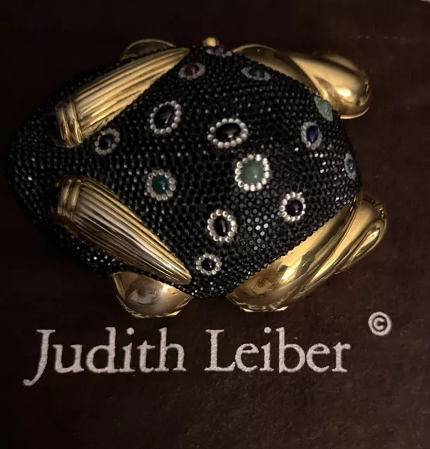 Rare Judith Leiber Black Frog Minaudiere Swarovski Crystal Clutch Shoulder Bag