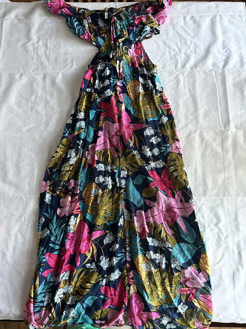 Shein Floral Off Shoulder Side Cut Out Front Split  Dress XS Zip Closure