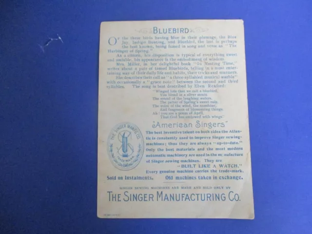 Antique 1898 Singer Sewing Machine Co.  Trade Card No. 9 Advertisement Bluebird