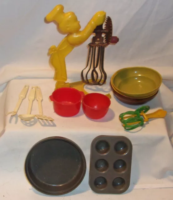 Vintage Child's Toy Kitchen Items Lot - Hard Plastic Chef Mixer Tuperware Bowl +