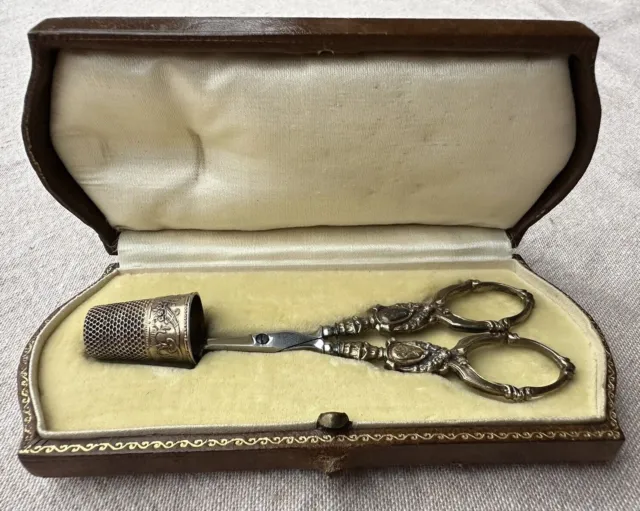French Antique Etui Sterling/Gold Gilt Sewing Scissors And Thimble