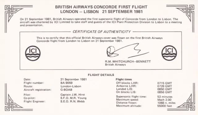 BA Concorde 1st Flight London - Lisbon   Flown Concorde G-BOAB  Crew Signed 2