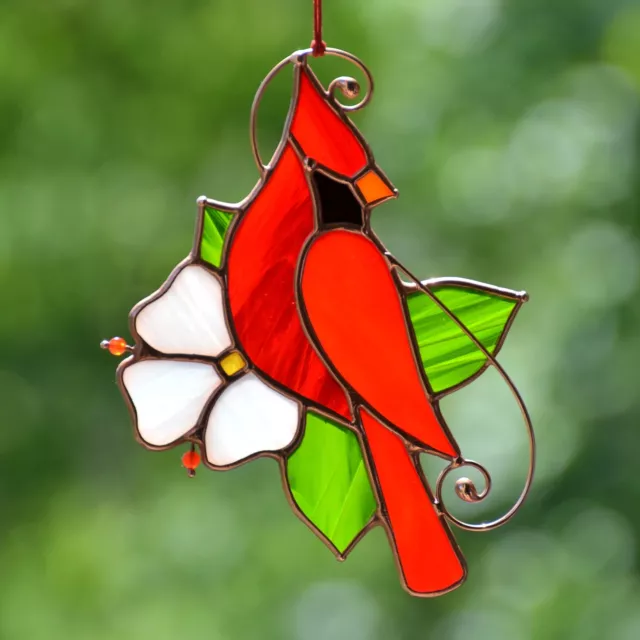 Stained Glass Cardinal 5"x5" Handmade Bird Suncatcher Window Hanging Memory Gift