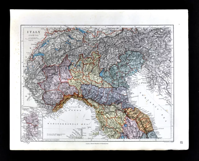 1885 Stanford Map North Italy Florence Venice Milan Genoa Urbino Lucca Antique