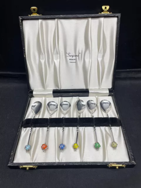 C1920'S BOXED x6 SARGISON'S  HOBART HAND BEATEN SILVER SPOONS GLASS BEAD FINIALS 2